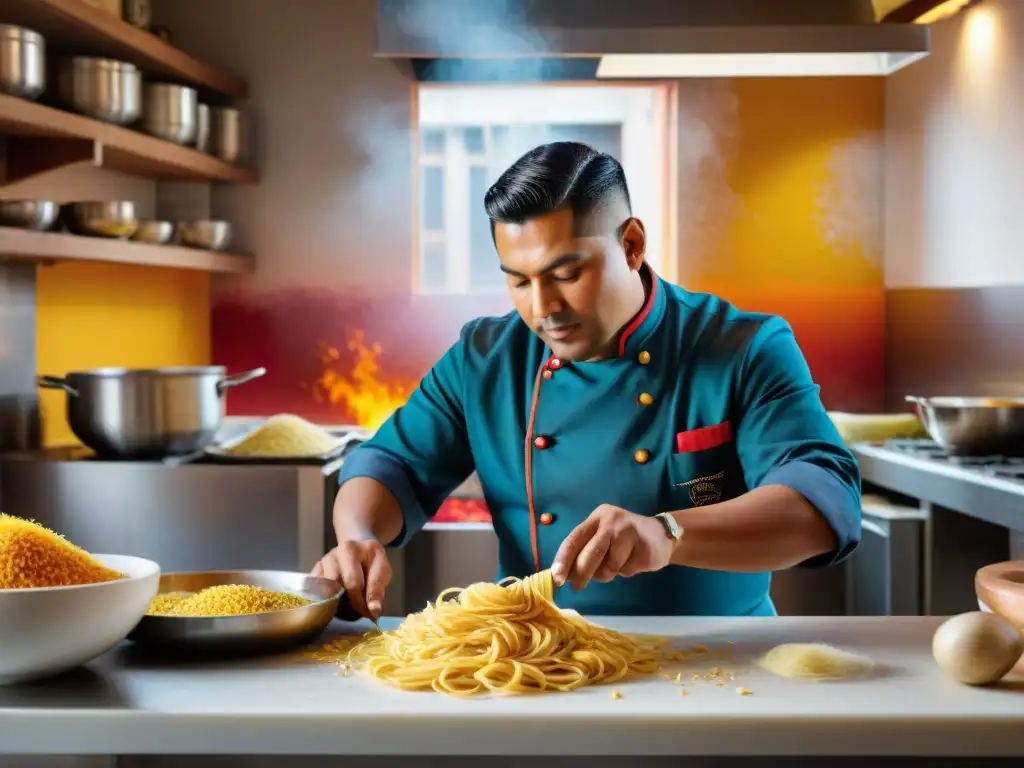 Un chef peruano experto en pastas peruanas auténticas, creando formas intrincadas en una cocina colorida