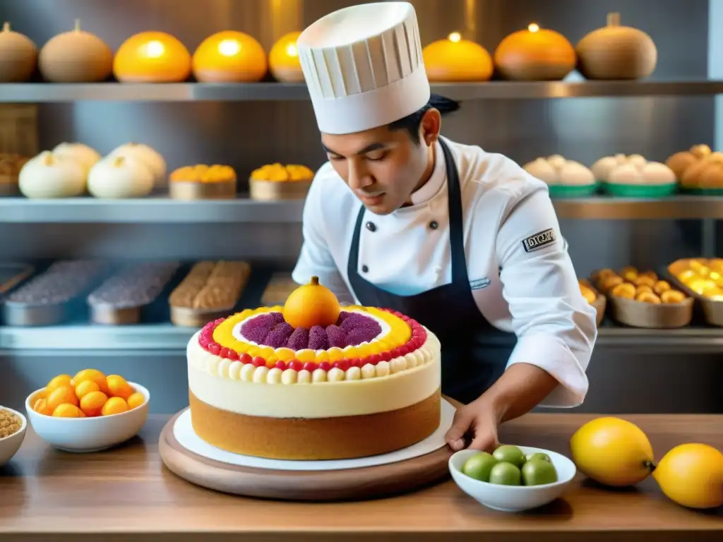 Un chef peruano experto en pastelería elaborando un delicioso pastel de lúcuma en una bulliciosa panadería de Lima