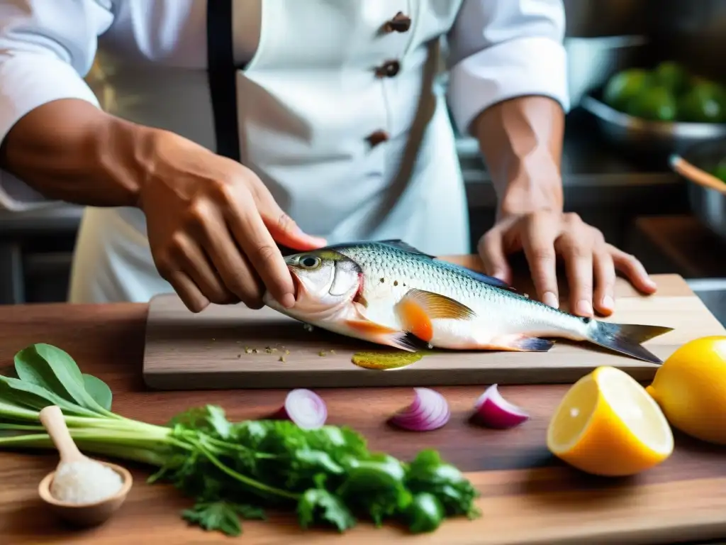 Un chef peruano experto filetea un pejerrey con destreza en una cocina tradicional, resaltando la gastronomía peruana