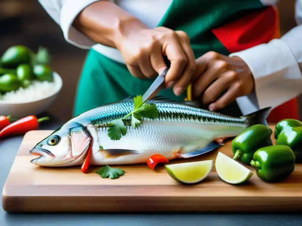 Un chef peruano experto enfilando un pejerrey fresco, mostrando la maestría en la gastronomía peruana