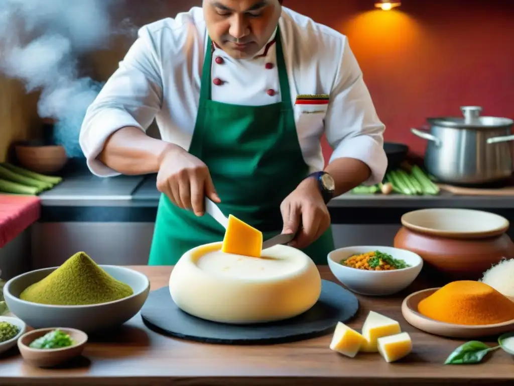 Un chef peruano experto fusionando gastronomía peruana con queso andino en una cocina vibrante