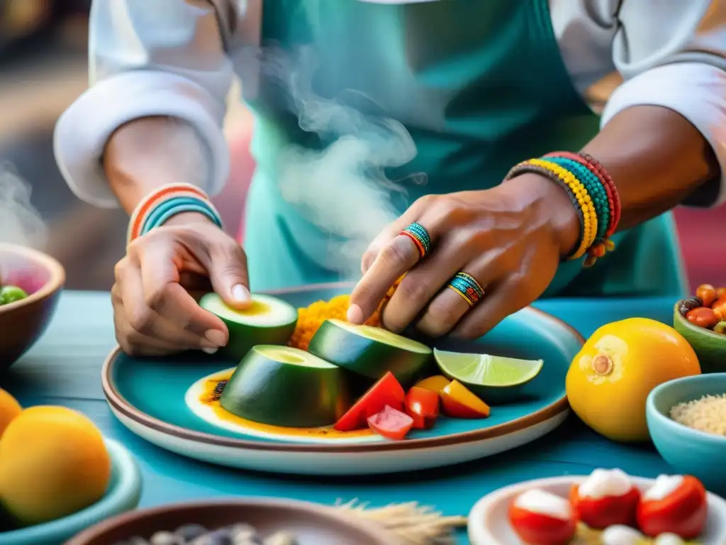 Un chef peruano experto en exportación gastronomía peruana plataformas digitales arregla con cuidado ingredientes frescos en un plato tradicional