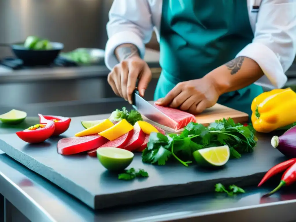 Un chef peruano experto cortando pescado para tiradito