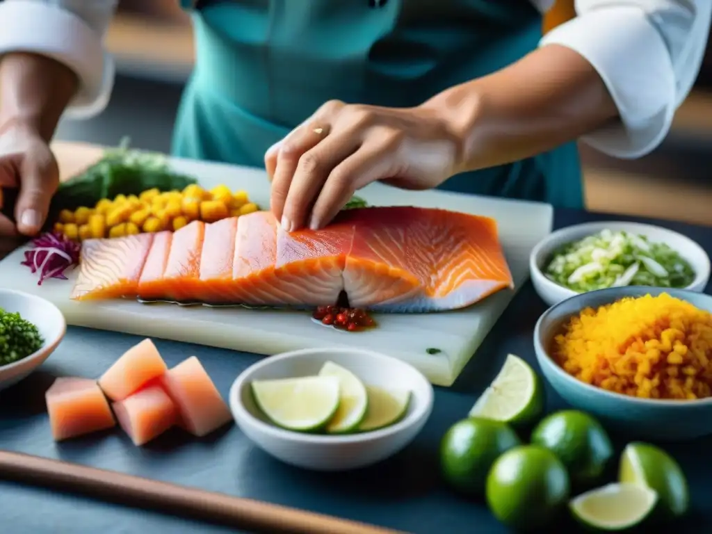 Un chef peruano experto cortando y marinando pescado fresco en tiradito, destacando la maestría culinaria