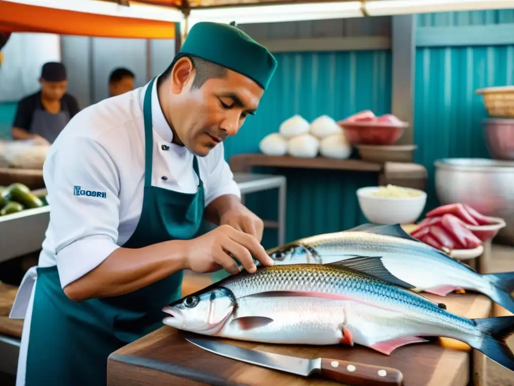 Un chef peruano experto fileteando pescado bonito en un mercado local