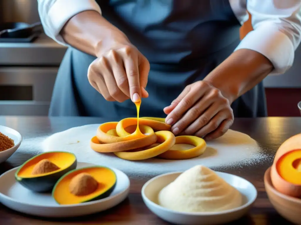 Chef peruano experto elaborando picarones en cocina tradicional