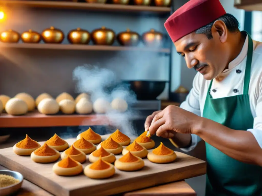 Un chef peruano experto preparando picarones en una cocina tradicional