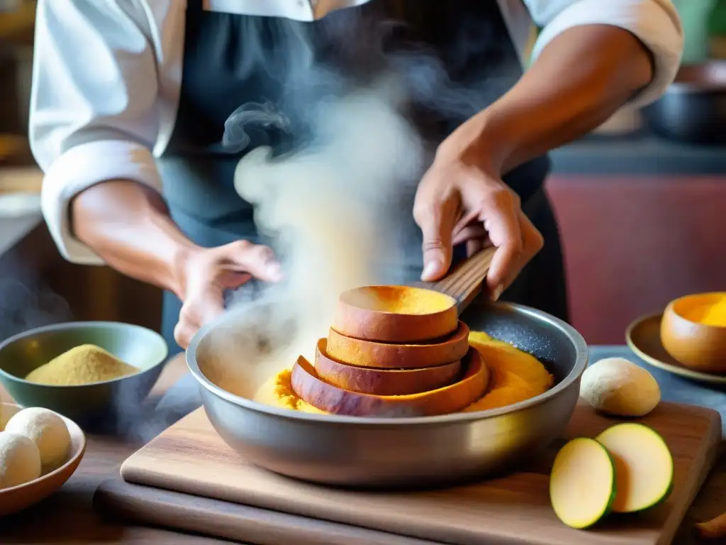 Un chef peruano experto moldea picarones, con precisión y arte, en una receta auténtica picarones peruanos