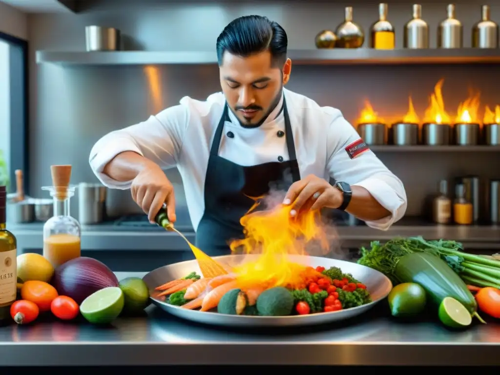 Un chef peruano experto incorpora pisco en un plato tradicional rodeado de ingredientes frescos y botellas de bebidas tradicionales peruanas en una cocina moderna