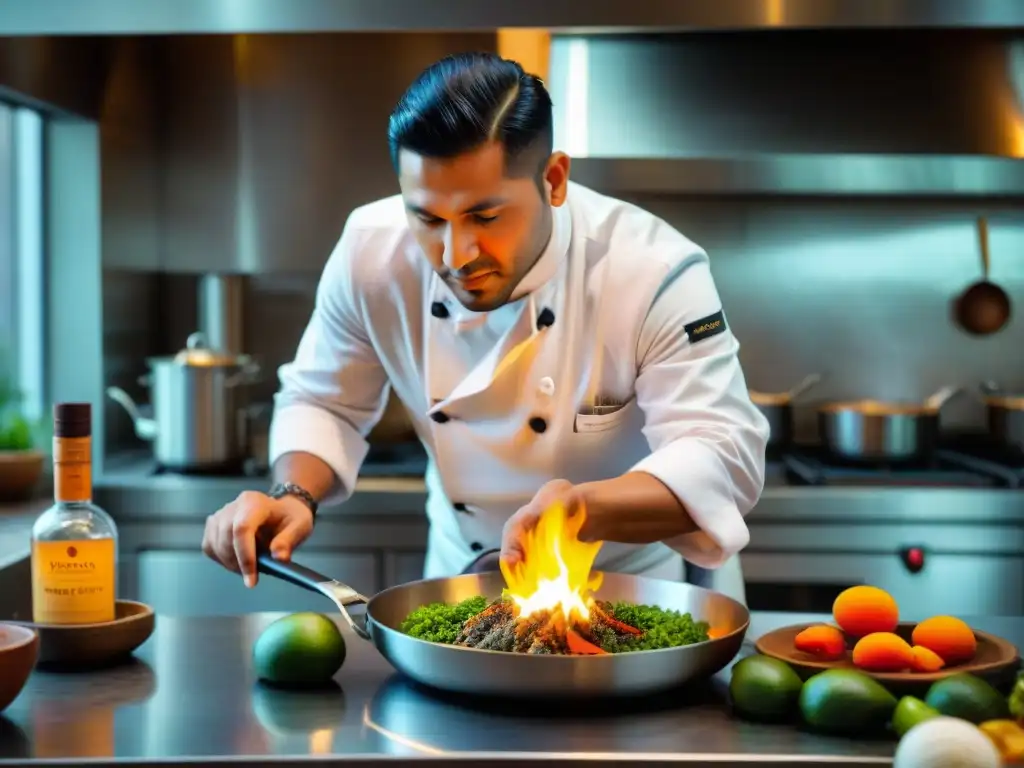 Un chef peruano experto flambeando con pisco peruano en una cocina bulliciosa