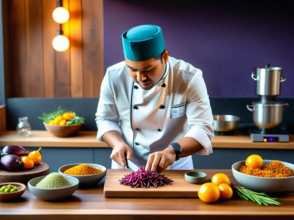 Un chef peruano experto preparando un platillo tradicional con técnica sous vide