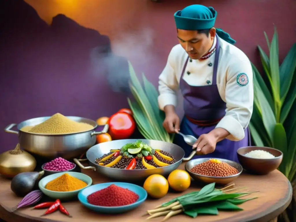 Un chef peruano experto preparando un platillo colorido con ingredientes ancestrales