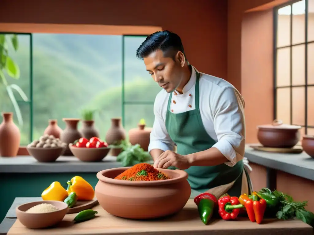 Un chef peruano experto prepara un platillo tradicional en una cocina rústica con ollas de barro, resaltando la autenticidad de la cocina peruana