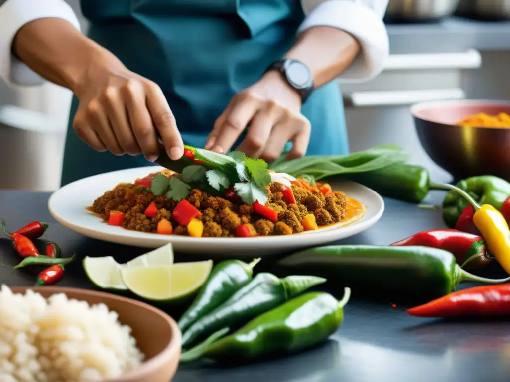 Un chef peruano experto preparando un platillo picante en una cocina vibrante