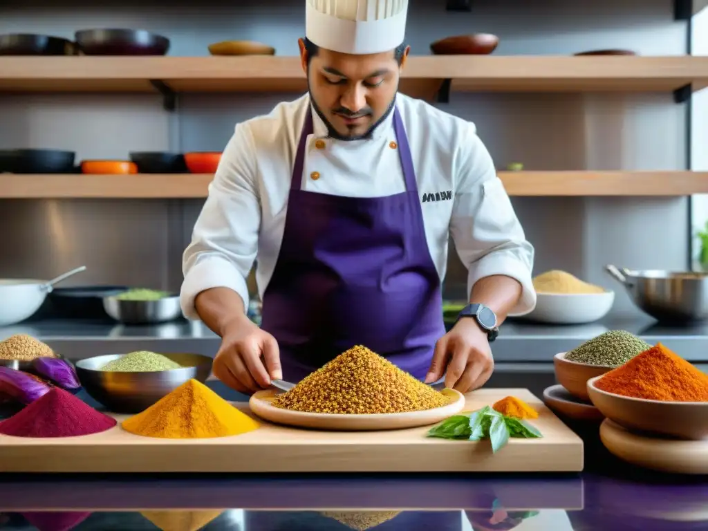 Un chef peruano experto preparando plato tradicional con ingredientes autóctonos en cocina moderna