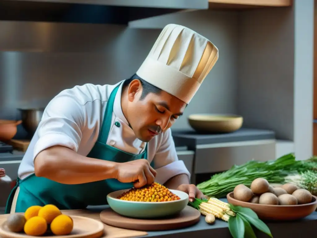 Un chef peruano experto preparando un plato mochica con ingredientes autóctonos en una cocina moderna