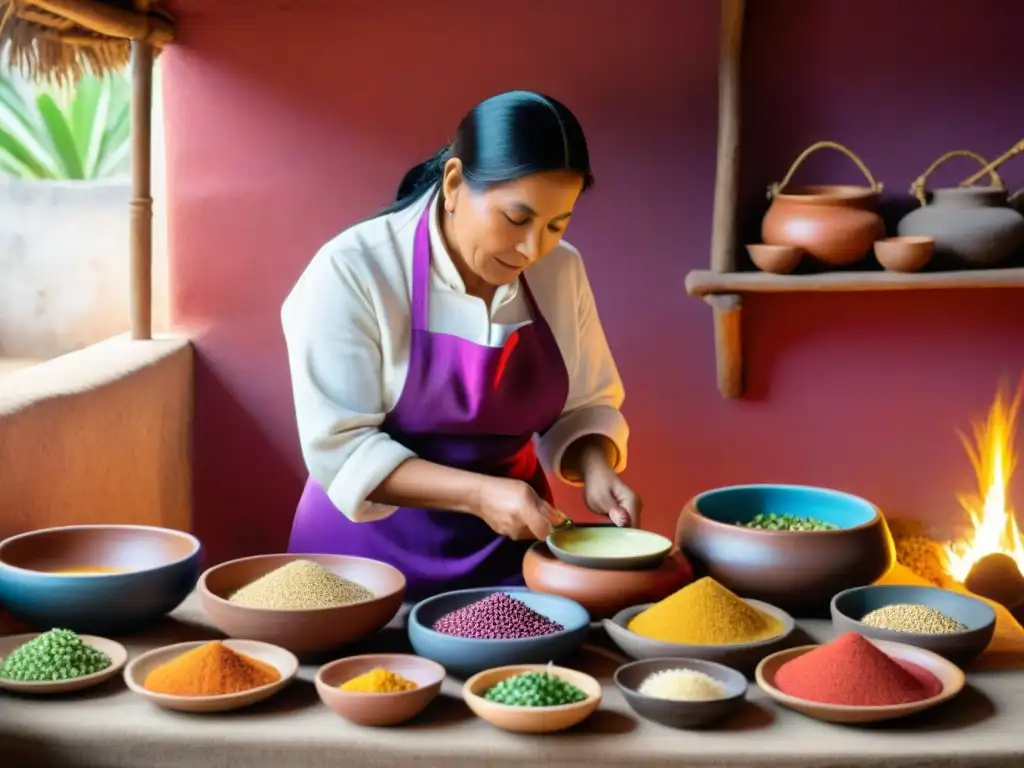 Un chef peruano experto prepara plato ancestral en cocina tradicional, enseñando historia culinaria