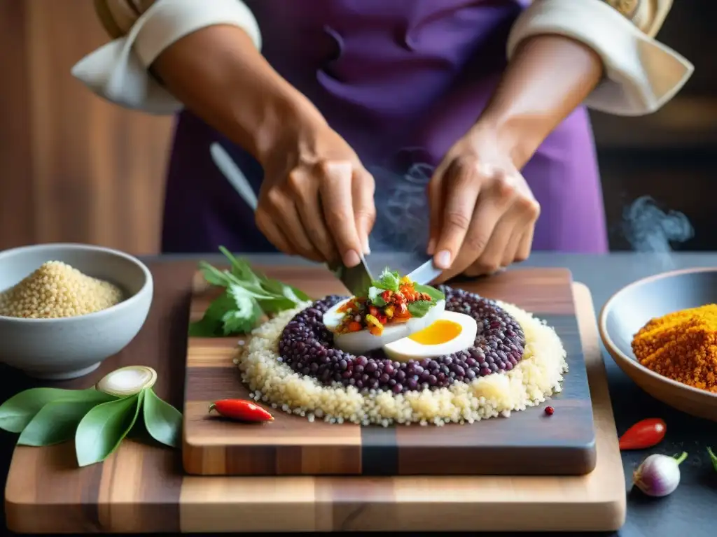 Un chef peruano experto preparando un plato tradicional con quinua, maíz morado y ajíes, fusionando sabores andinos