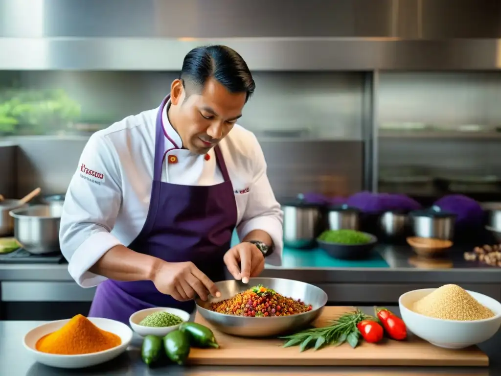 Un chef peruano experto prepara un plato innovador en una cocina moderna de alta altitud, con ingredientes peruanos tradicionales