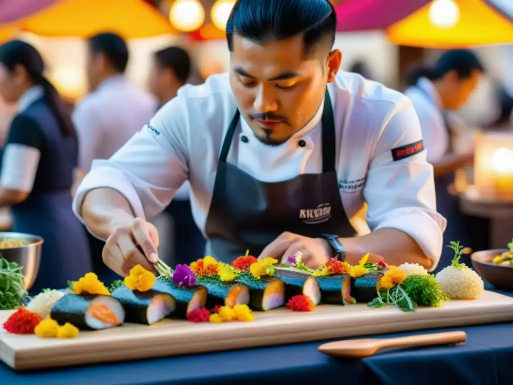 Un chef peruano experto preparando un plato fusionado en el Festival Gastronómico Nikkei Lima