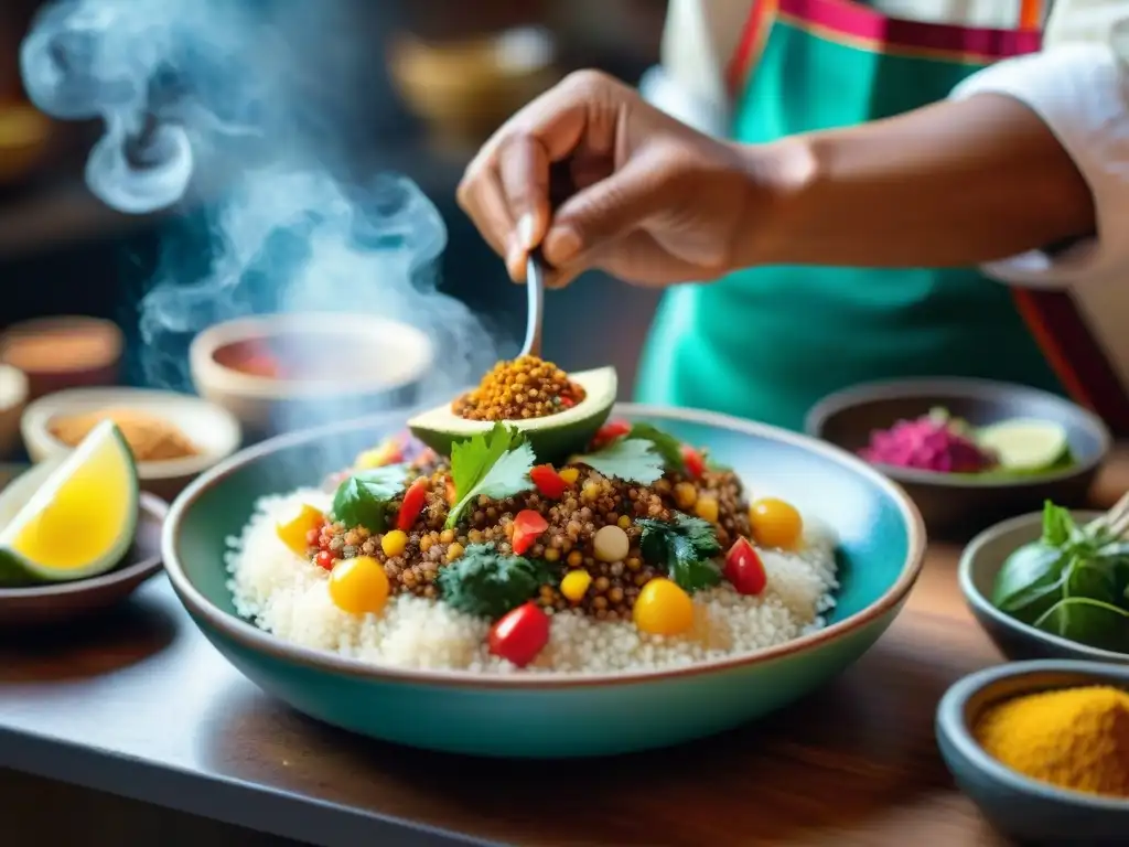 Un chef peruano experto preparando un plato colorido con quinua, resaltando la gastronomía peruana y sus ingredientes autóctonos