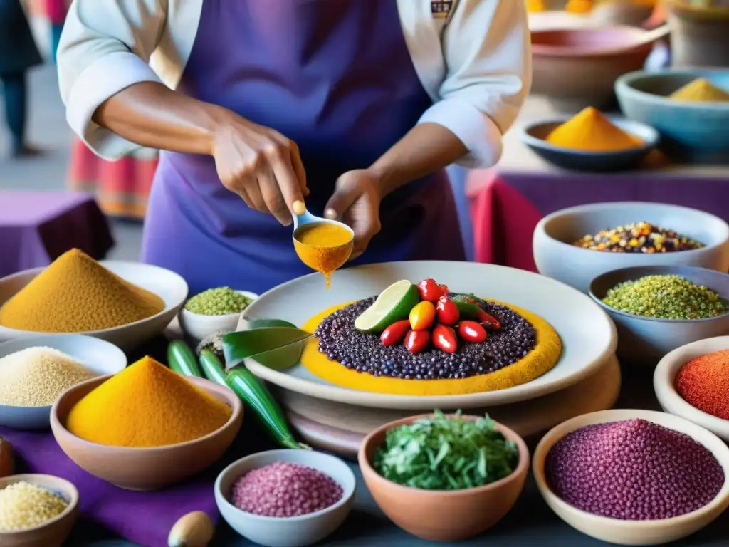 Un chef peruano experto prepara plato tradicional con ingredientes autóctonos en mercado vibrante