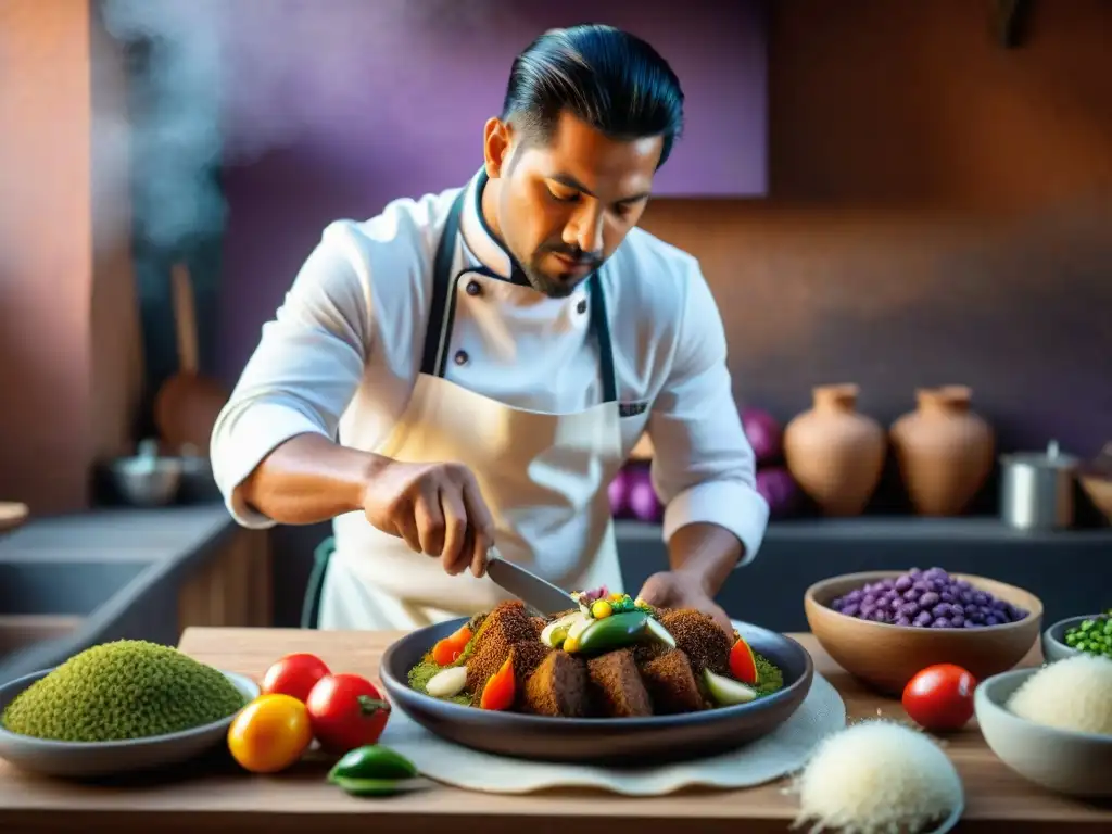 Un chef peruano experto preparando meticulosamente el plato tradicional peruano Cuy Chactado en una cocina tradicional