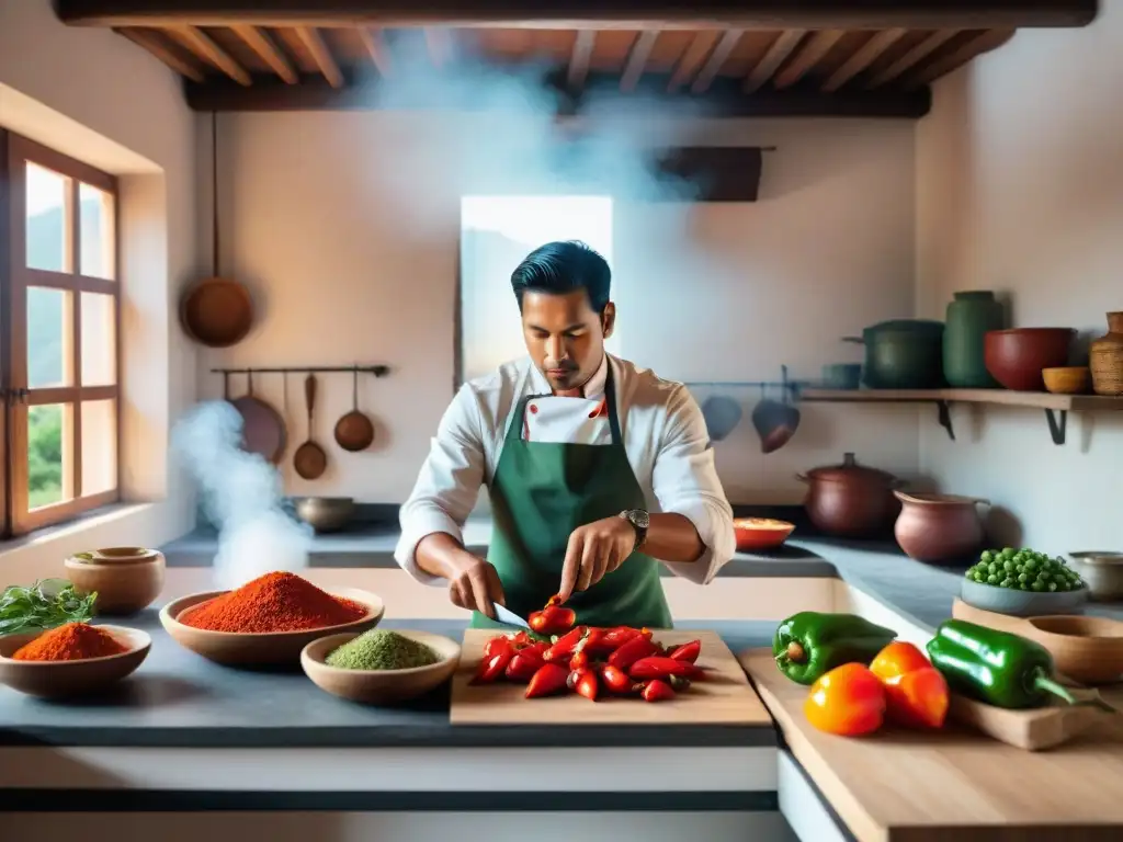 Un chef peruano experto preparando un plato con rocoto, mostrando maestría culinaria y autenticidad cultural