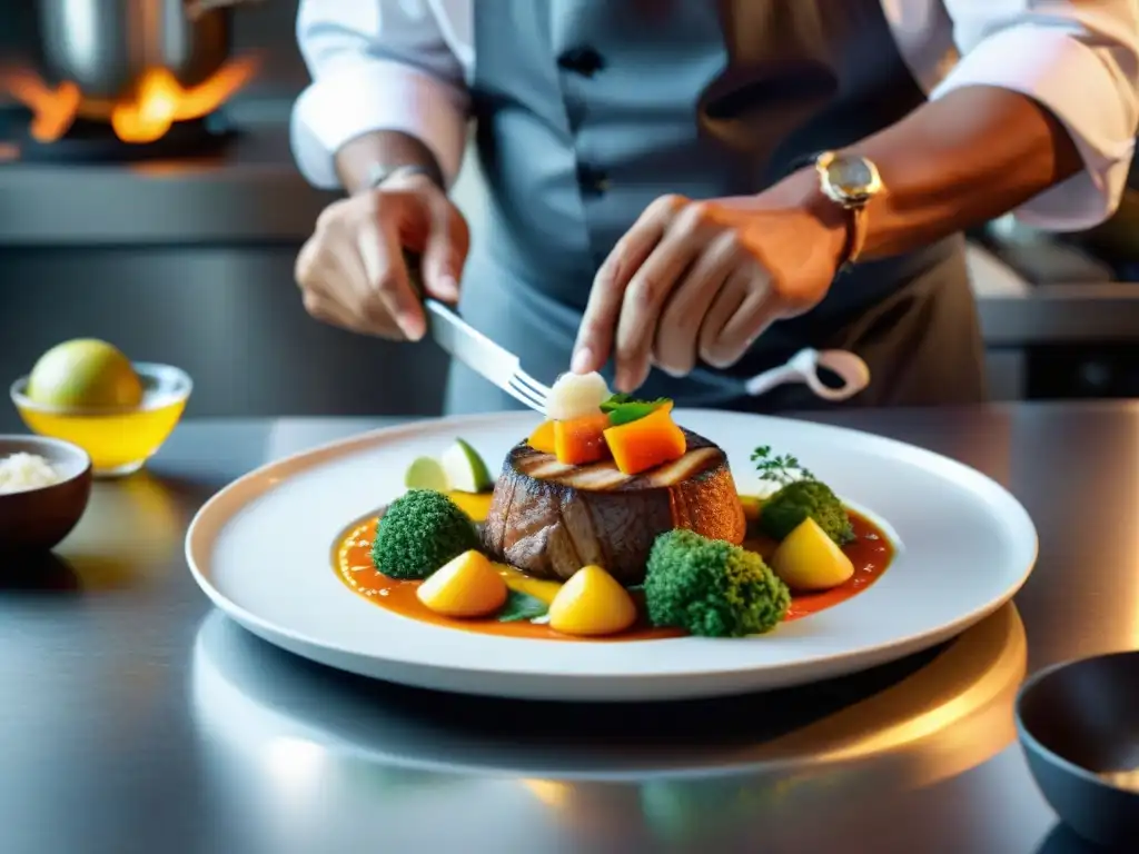 Un chef peruano experto preparando plato fusión con técnicas modernas en cocina contemporánea