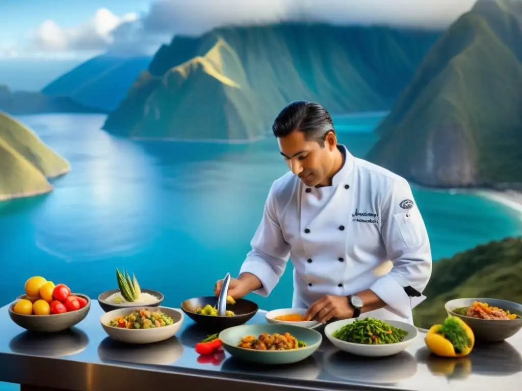 Un chef peruano experto preparando un plato de gastronomía peruana mar montaña con precisión