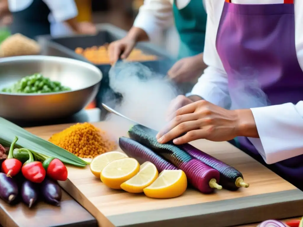 Un chef peruano experto fusiona platos tradicionales con un toque moderno en un mercado de Lima, rodeado de ingredientes vibrantes