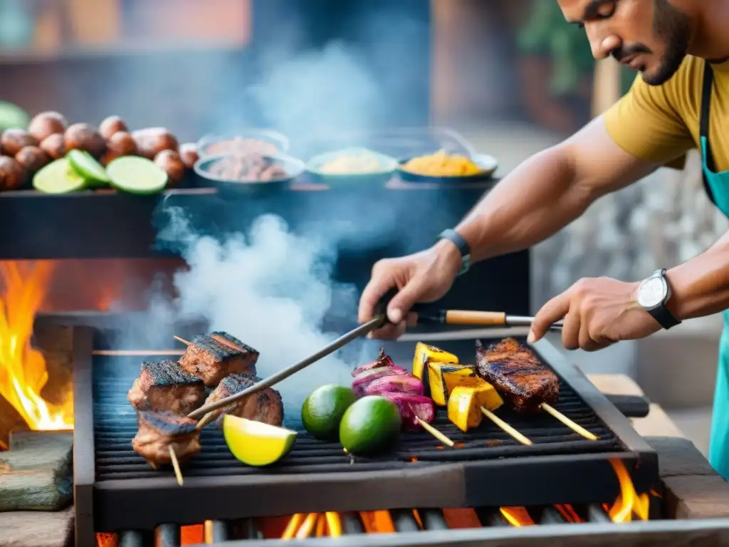 Un chef peruano experto preparando platos peruanos a la parrilla en un mercado vibrante