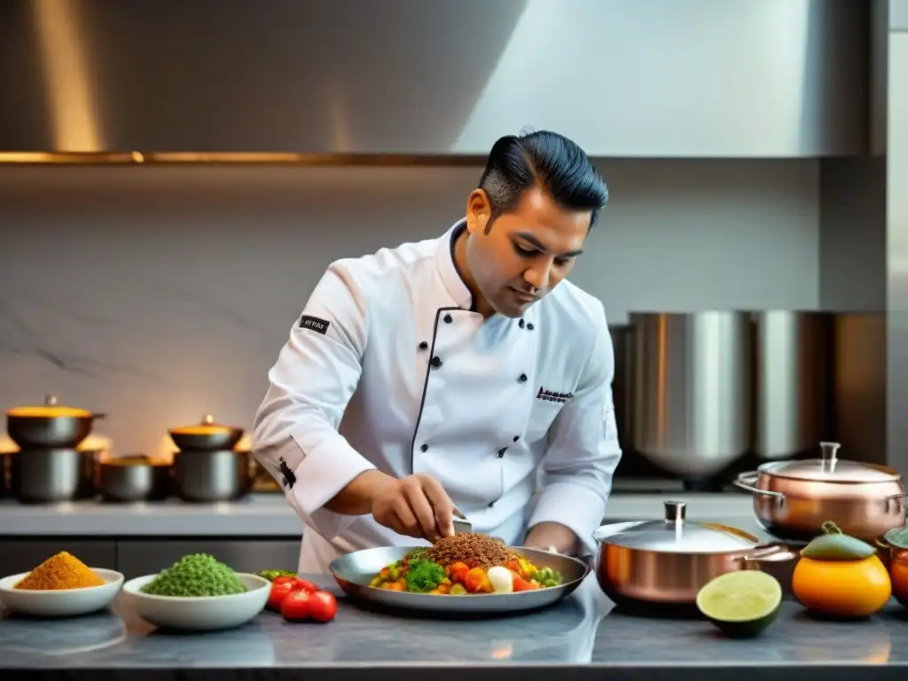 Un chef peruano experto fusionando platos tradicionales con técnicas modernas en cocina