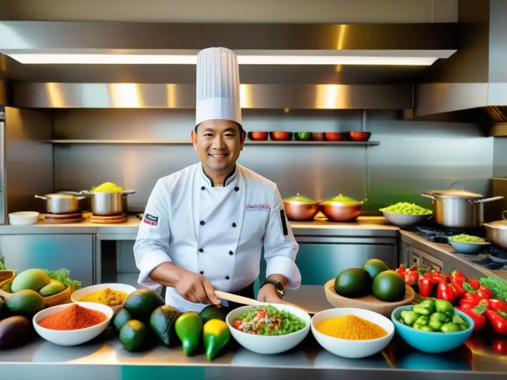 Un chef peruano experto preparando platos de cocina peruana tradicional y fusión en una bulliciosa cocina limeña