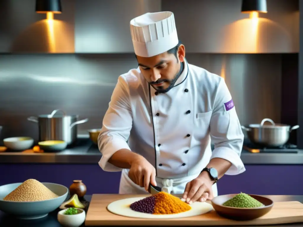 Un chef peruano experto preparando platos tradicionales en una cocina moderna