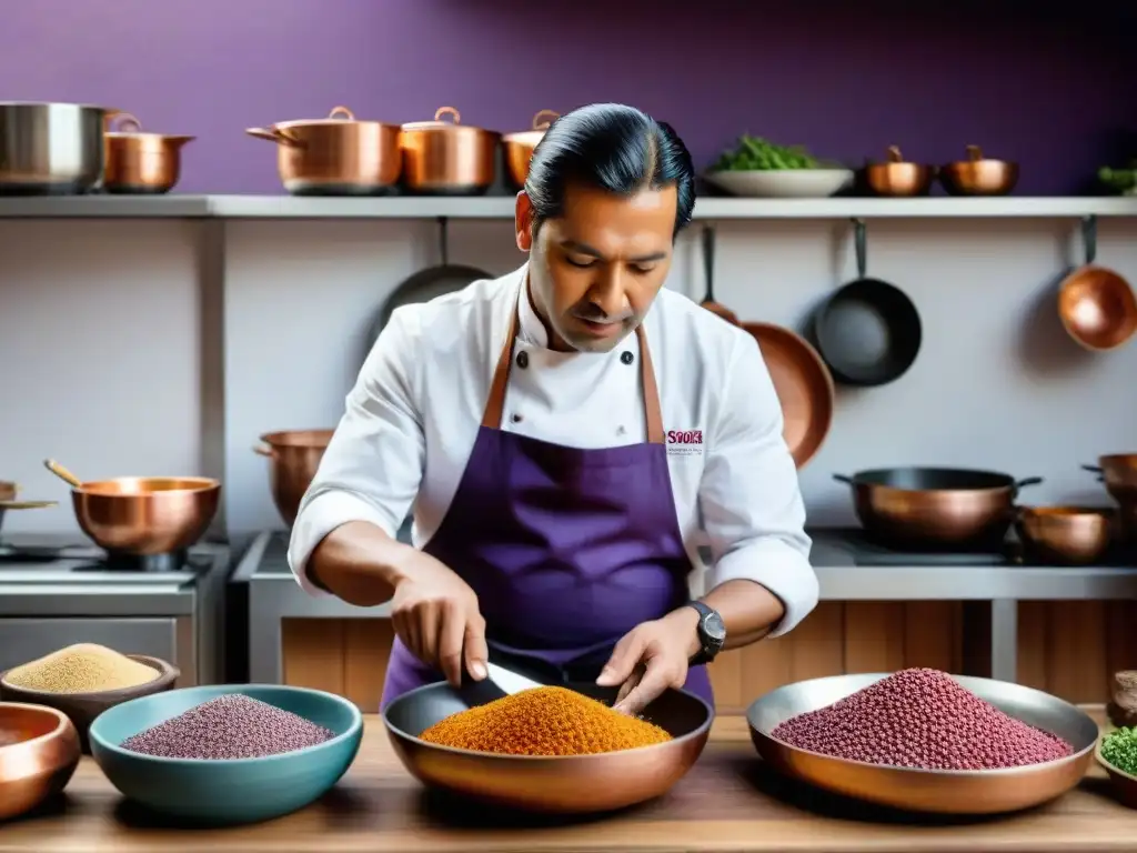 Chef peruano experto preparando platos ancestrales, rodeado de ingredientes coloridos