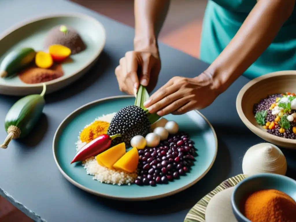 Un chef peruano experto crea platos únicos de la cocina peruana con personalización, con ingredientes indígenas vibrantes y detallados