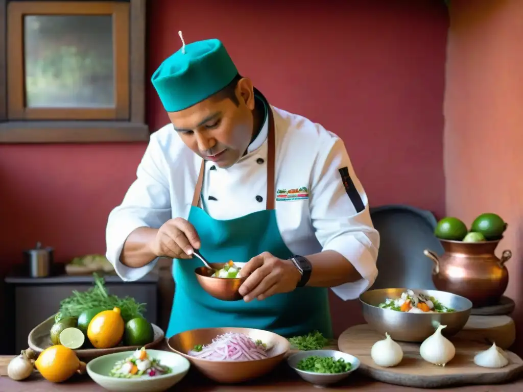 Chef peruano preparando Ceviche de Trucha en los Andes Un chef peruano experto en platos andinos prepara un Ceviche de Trucha con ingredientes frescos en un entorno tradicional
