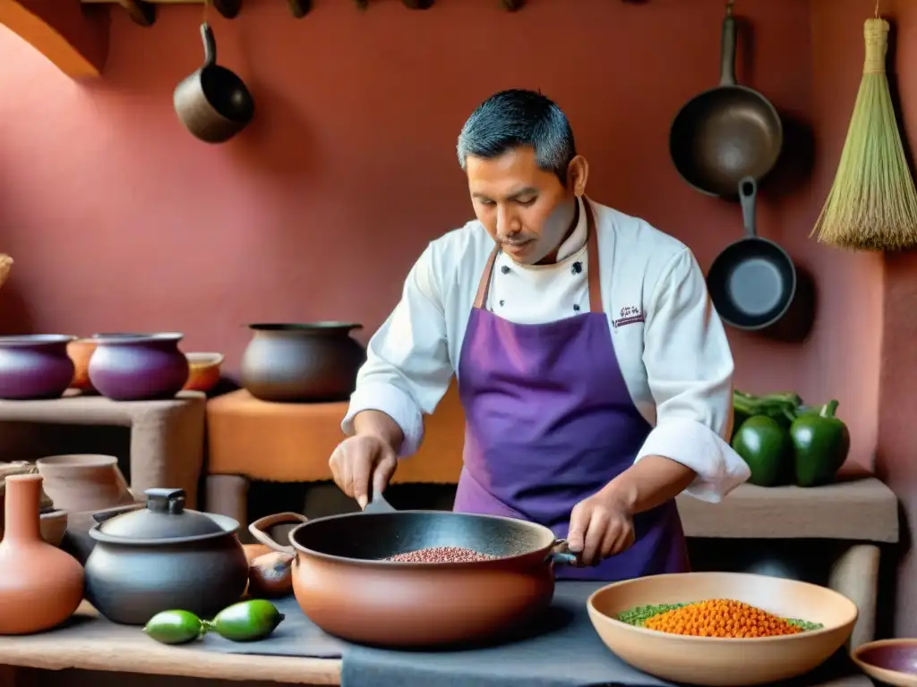 Un chef peruano experto preparando platos de la sierra en una cocina rústica, rodeado de ingredientes andinos coloridos