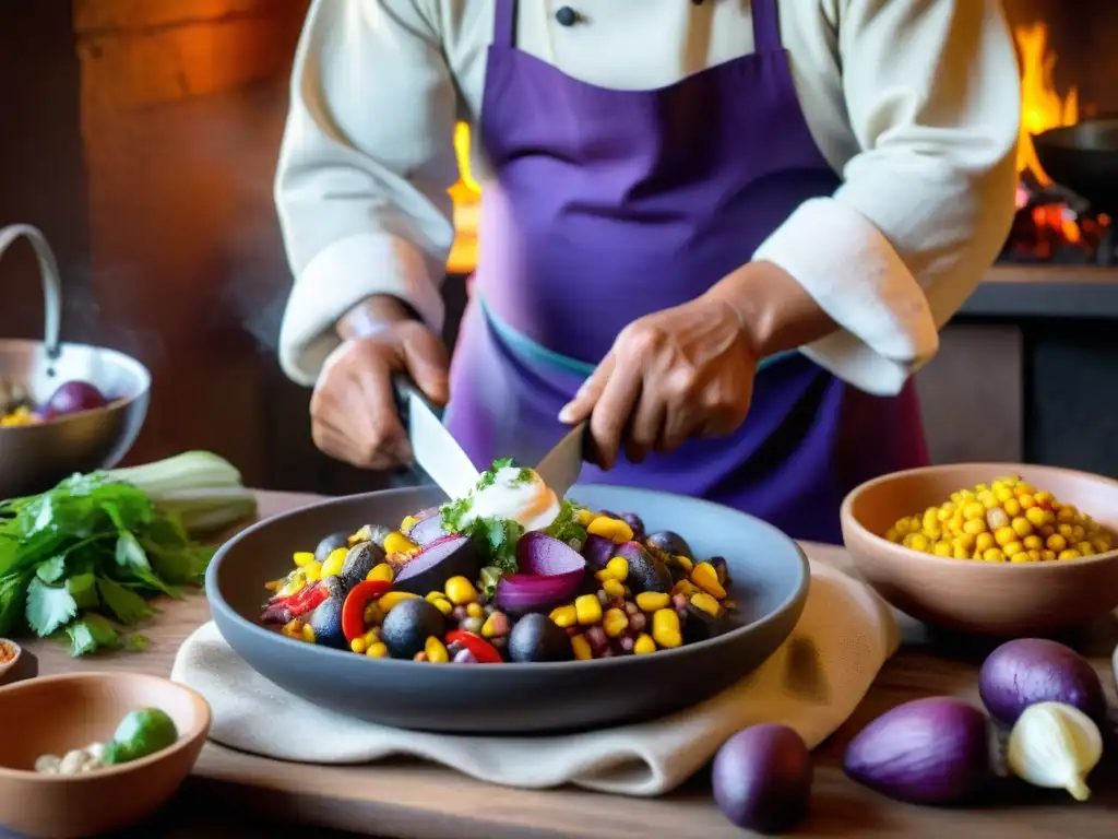 Maestría culinaria en los Andes: manos de chef preparando platos peruanos Un chef peruano experto preparando Platos peruanos Andes, mostrando habilidades culinarias únicas en la alta montaña