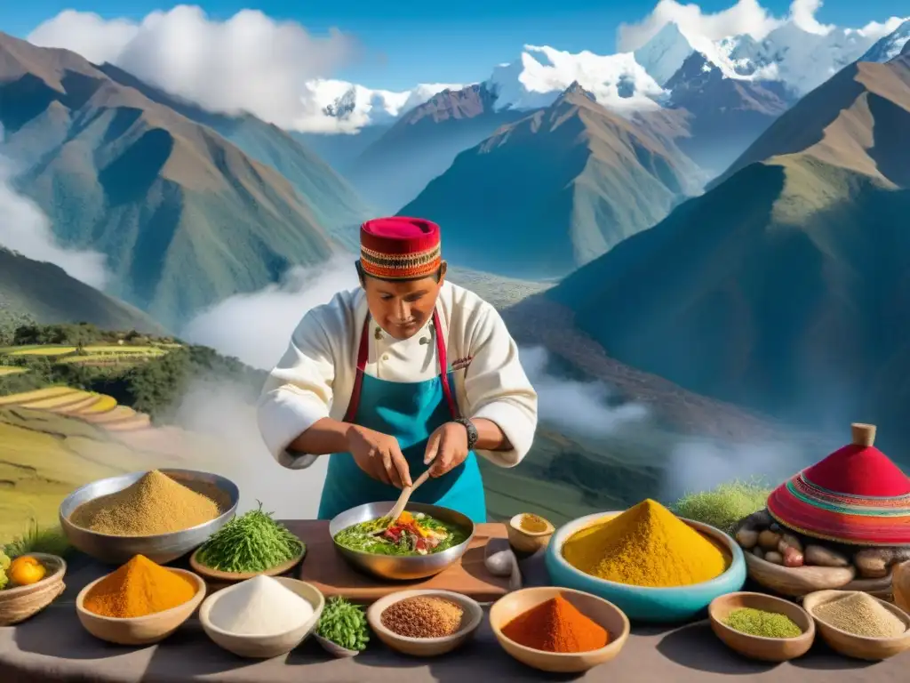 Chef peruano experto preparando plato andino en los Andes Un chef peruano experto preparando platos peruanos Andes con amor y destreza, rodeado de la belleza andina