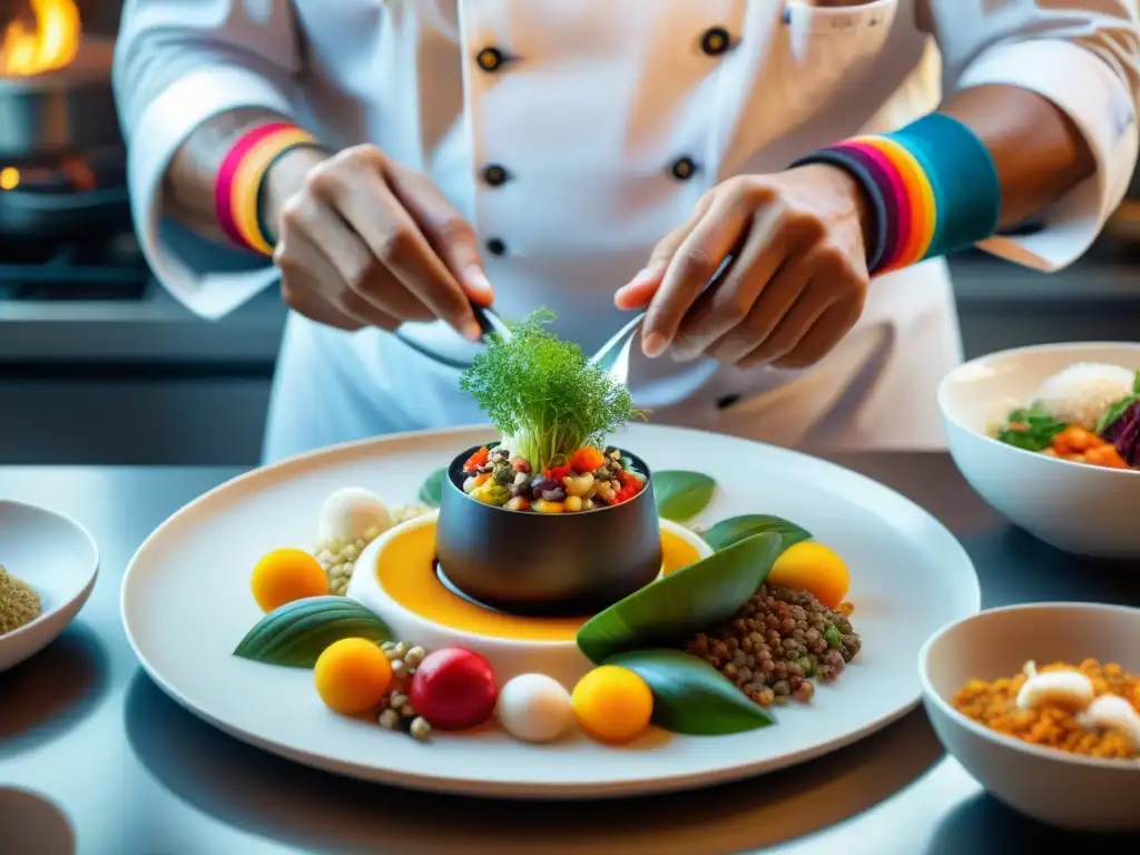 Un chef peruano experto crea platos fusión con detalle y arte en una cocina bulliciosa