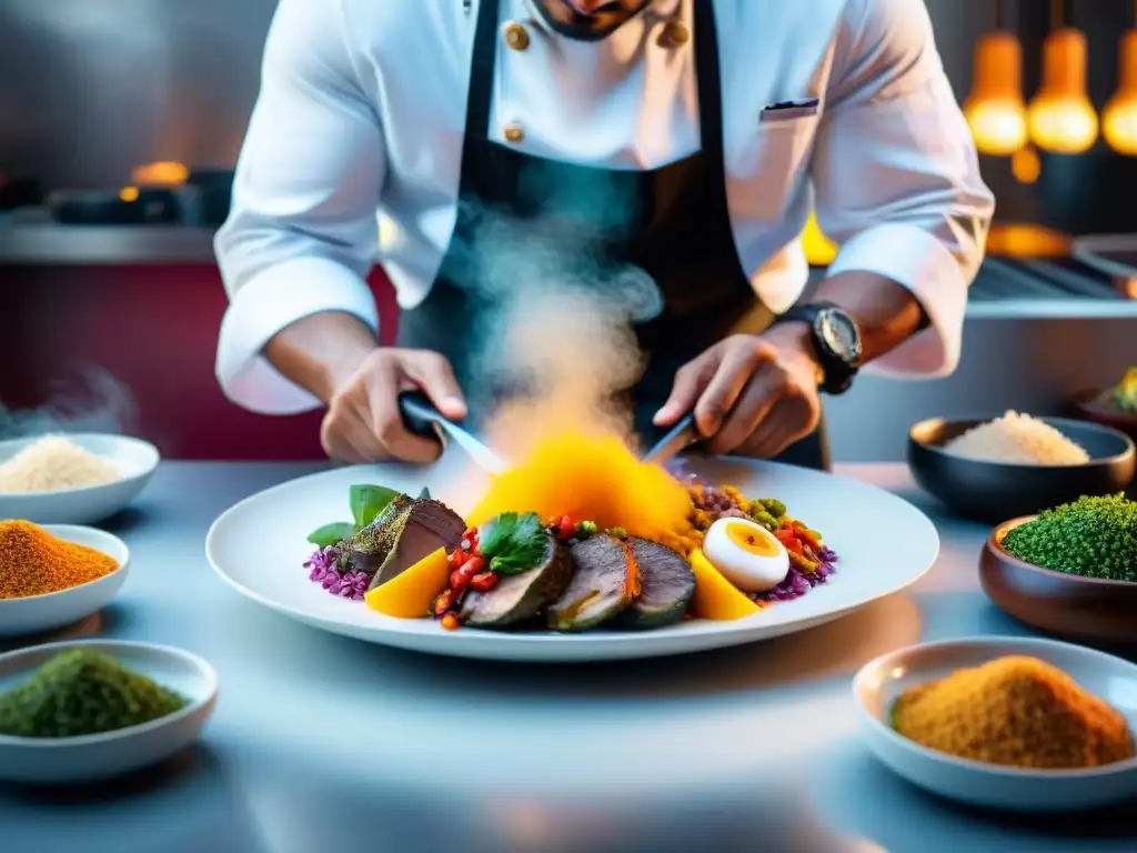 Un chef peruano experto creando platos de fusión peruana creativos en un ambiente lleno de color y precisión culinaria