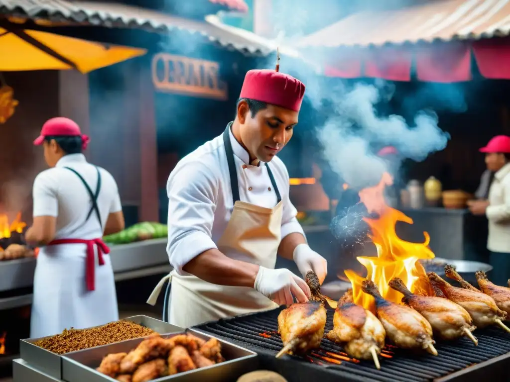 Un chef peruano experto prepara Pollo a la Brasa con ingredientes autóctonos en un mercado bullicioso