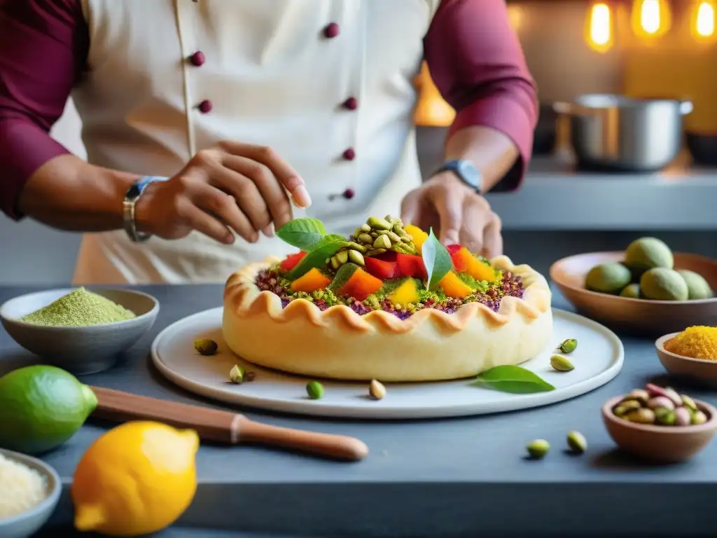 Un chef peruano experto en postres, fusionando influencias árabes con destreza en una cocina bulliciosa