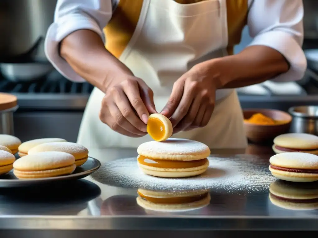 Chef peruano experto en postres, influencia árabe postres peruanos, elaborando alfajores en cocina colorida