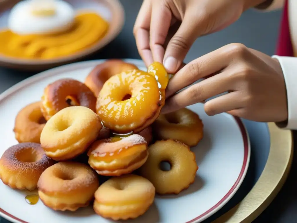 Un chef peruano experto en postres peruanos tradicionales autóctonos baña con miel de chancaca unos picarones recién fritos en una imagen detallada y artística