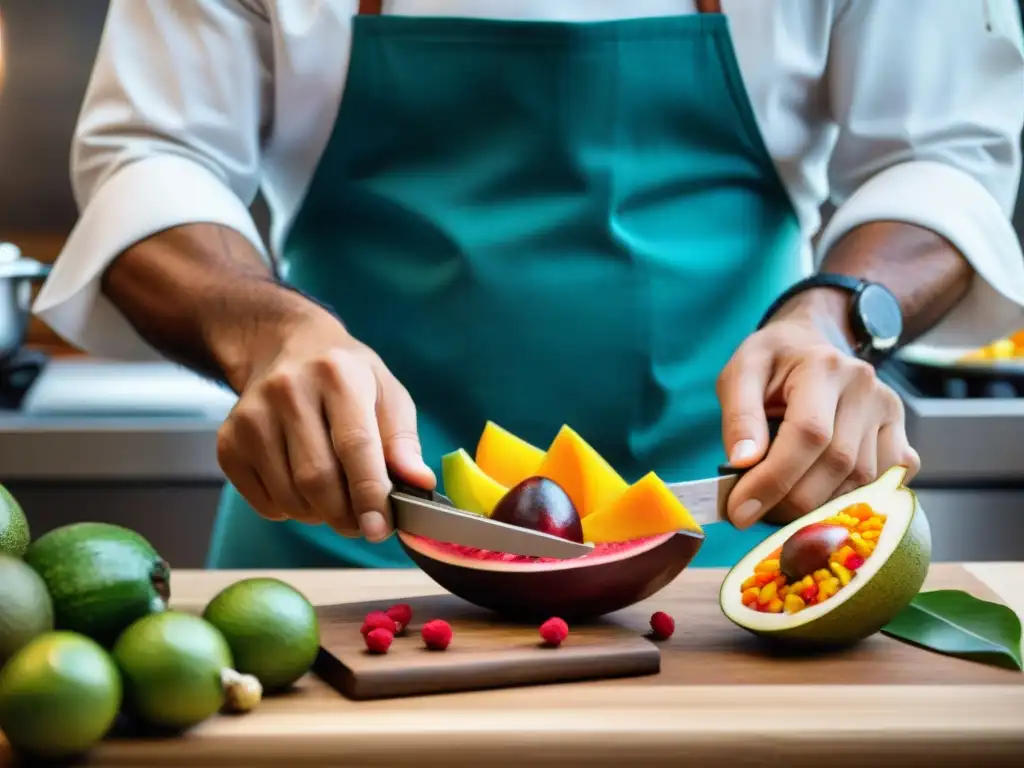 Un chef peruano experto cortando con precisión un pijuayo, destacando su textura y color