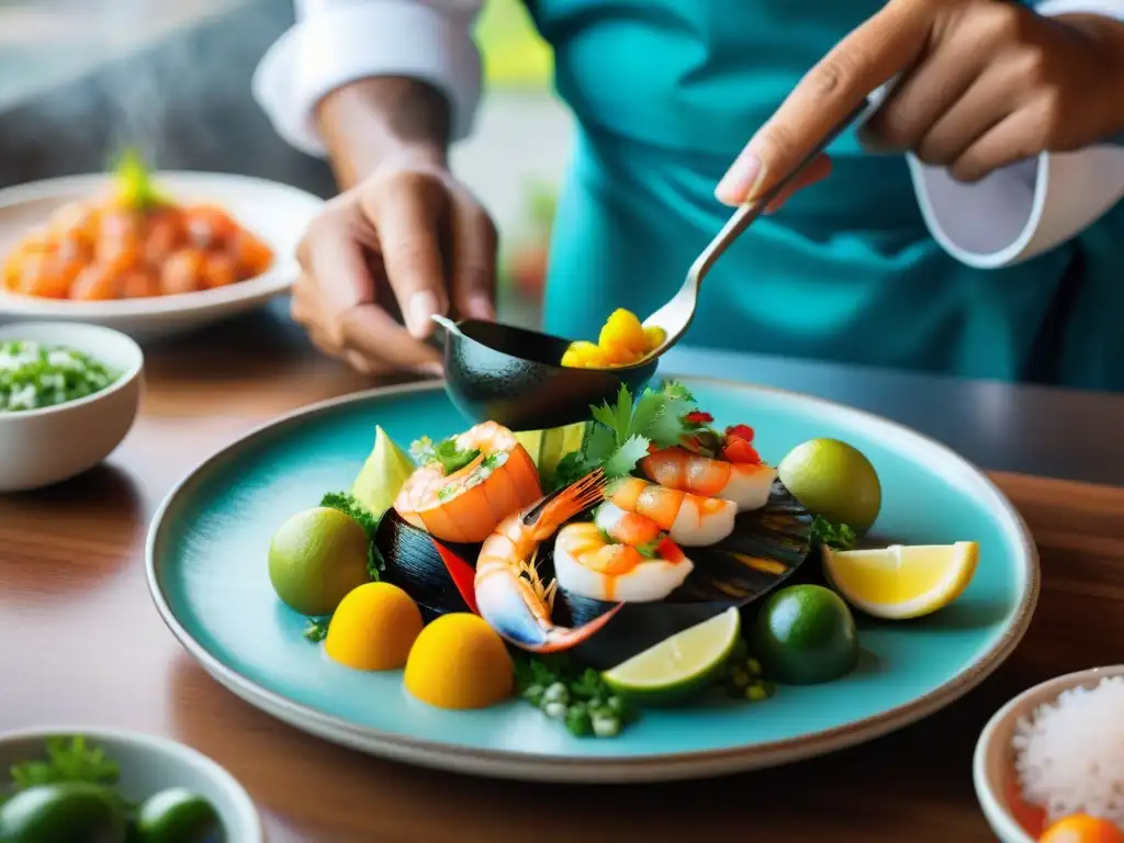 Un chef peruano experto decora con precisión un Salpicón de Mariscos frescos en una cocina tradicional