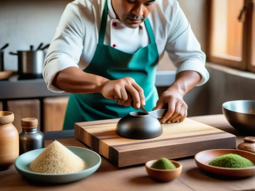 Un chef peruano experto tallando con precisión una cuchara de palo en una cocina tradicional peruana